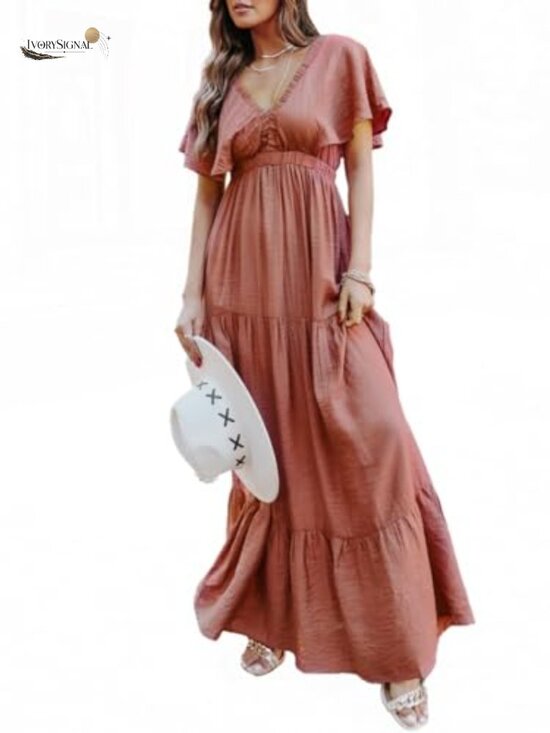 Dresses & Skirts - Women's Floral V Neck Short Sleeve Maxi Dress Boho Beach Ruffle